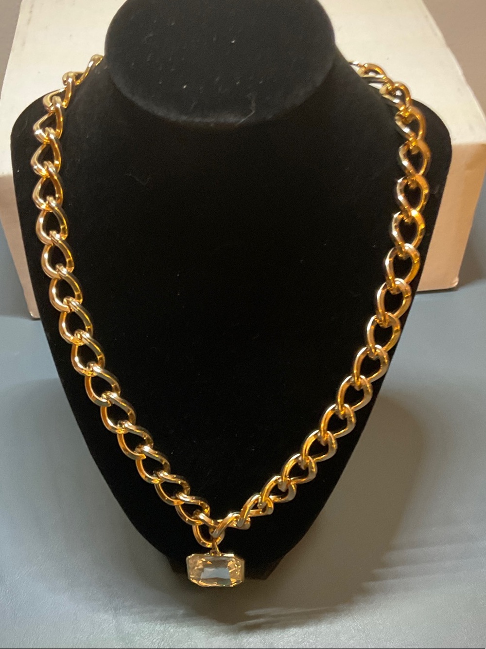 Source Unknown Gold-Tone Chain Necklace with Clear Stone Pendant